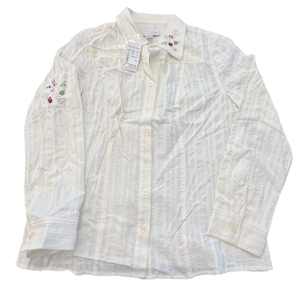 Christopher &‎ Banks Women’s White Blouse Button Up Embroidered Apples ABC’ NEW